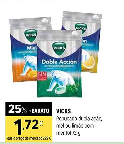 VICKS Rebucado dupla ação, mel ou limão com mentol 72 g