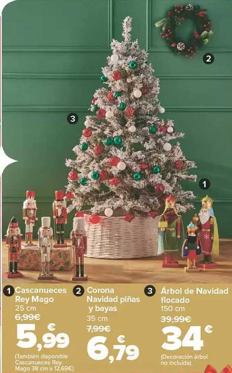 Cascanuces Rey Mago  
Corona Navidad piñas y bayas  
Árbol de Navidad flocado  