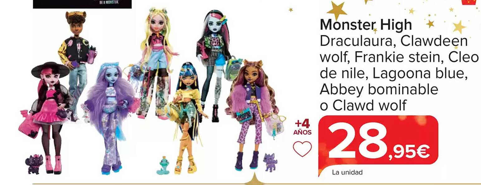 Monster High Draculaira, Clawdeen wolf, Frankie stein, Cleo de nile, Lagoona blue, Abbey bominable o Clawd wolf