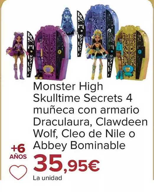 Monster High Skulltime Secrets 4 muñeca con armario Draculaura, Clawdeen Wolf, Cleo de Nile o Abbey Bominable