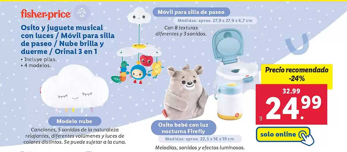 Osito y juguete musical con luces / Móvil para silla de paseo / Nube brilla y duerme / Orinal 3 en 1