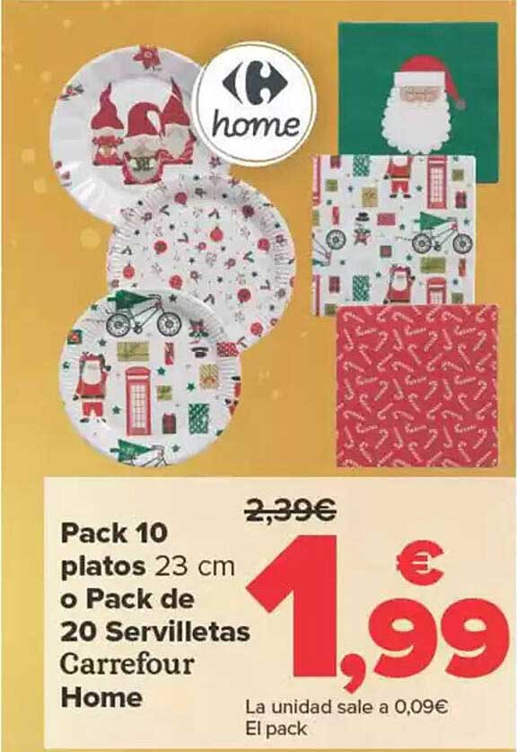 Pack 10 platos 23 cm o Pack de 20 Servilletas Carrefour Home