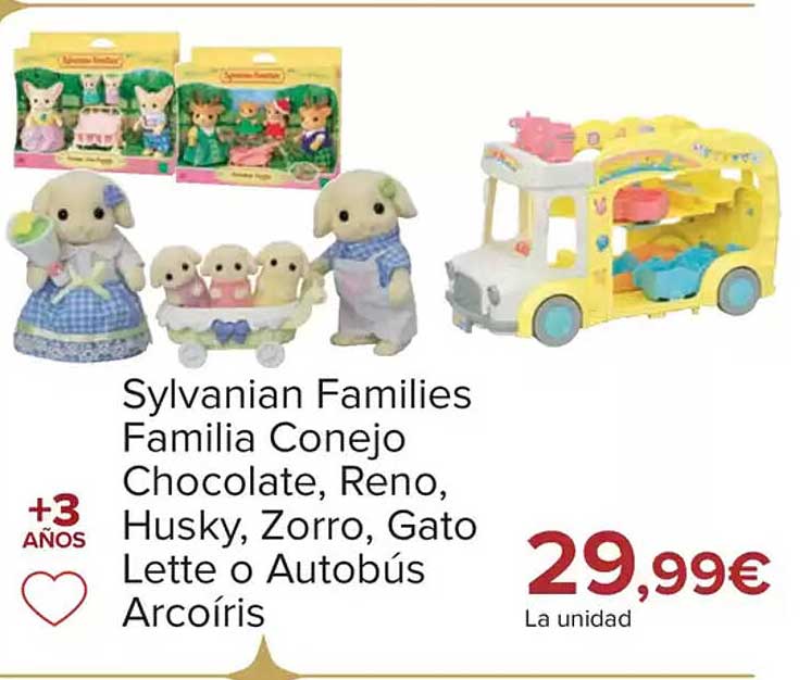 Sylvanian Families Familia Conejo Chocolate, Reno, Husky, Zorro, Gato Lette o Autobús Arcoíris