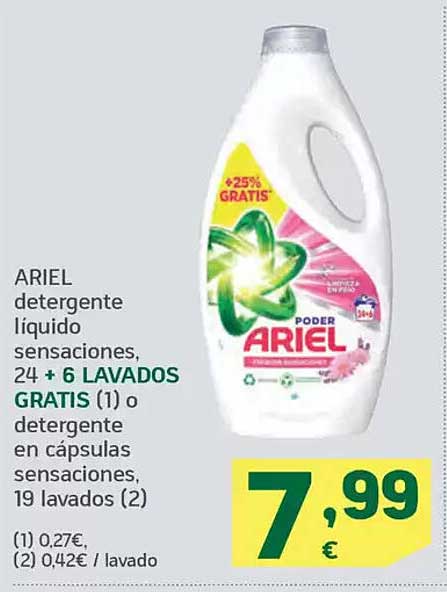 ARIEL detergente líquido sensaciones, 24 + 6 LAVADOS GRATIS (1) o detergente en cápsulas sensaciones, 19 lavados (2)