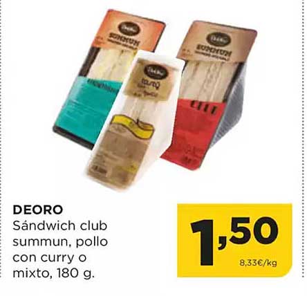 DEORO Sándwich club summun, pollo con curry o mixto