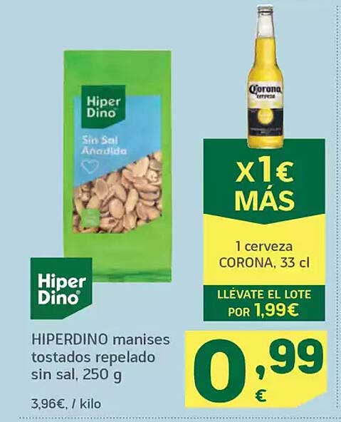 HIPERDINO manises tostados repelado sin sal, 250 g