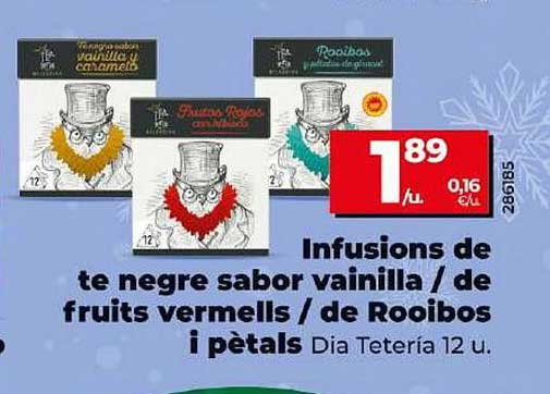 Infusiones de te negre sabor vainilla / de fruits vermells / de Rooibos i pètals Dia Tetèria 12 u.