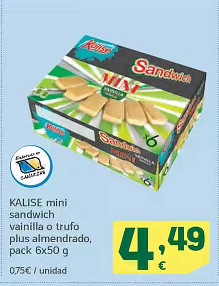 KALISE mini sandwich vainilla o trufa plus almendrado, pack 6x50 g