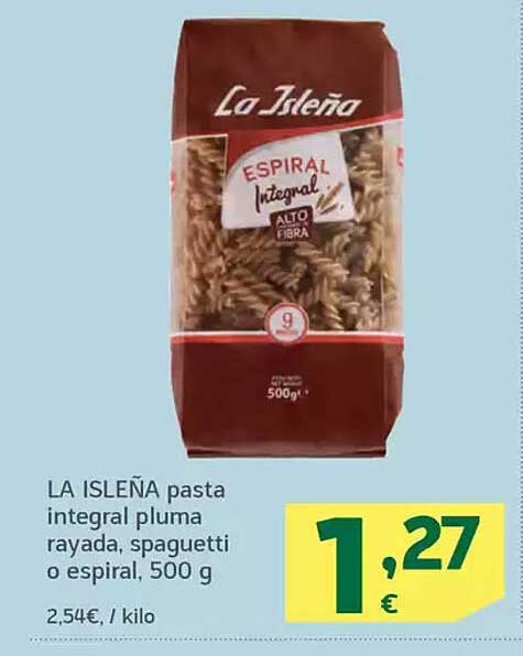 LA ISLEÑA pasta integral pluma rayada, spaguetti o espiral, 500 g