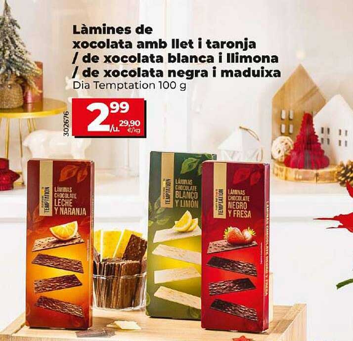 Làminas de chocolate amb llet i taronja / de xocolata blanca i llimona / de xocolata negra i maduixa