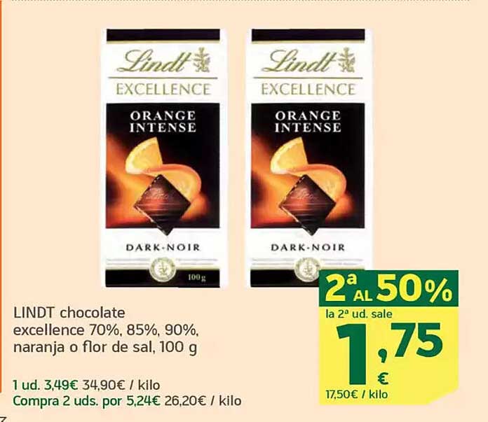 LINDT chocolate excellence 70%, 85%, 90%, naranja o flor de sal, 100 g