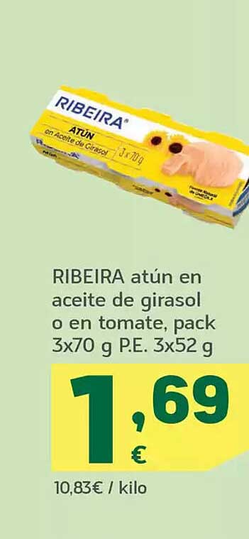 RIBEIRA atún en aceite de girasol o en tomate, pack 3x70 g