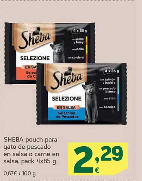 SHEBA pouch para gato de pescado en salsa o carne en salsa, pack 4x85 g