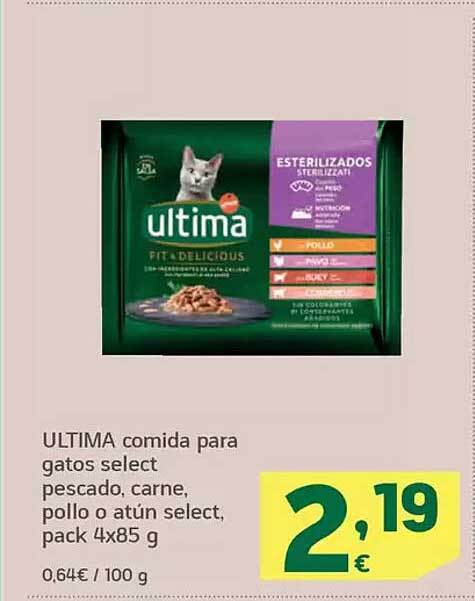 ULTIMA comida para gatos select pescado, carne, pollo o atún select, pack 4x85 g