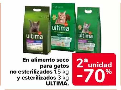 Alimento seco para gatos no esterilizados 1,5 kg y esterilizados 3 kg ULTIMA.