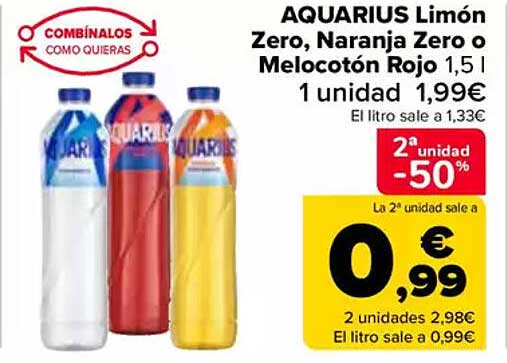 AQUARIUS Limón Zero, Naranja Zero o Melocotón Rojo 1,5 l