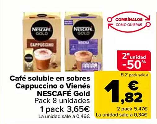 Café soluble en sobres Cappuccino o Vienés NESCAFÉ Gold