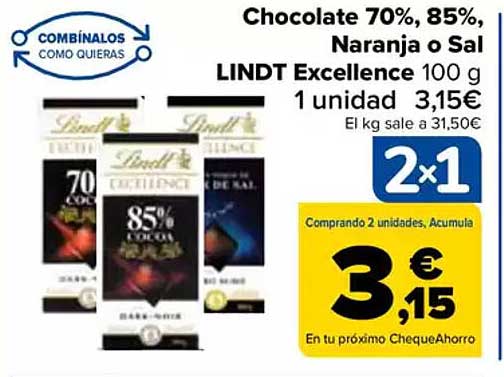 Chocolate 70%, 85%, Naranja o Sal Lindt Excellence