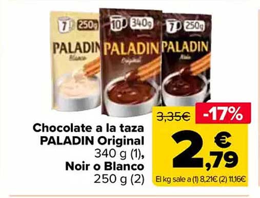 Chocolate a la taza PALADIN Original 340 g (1), Noir o Blanco 250 g (2)