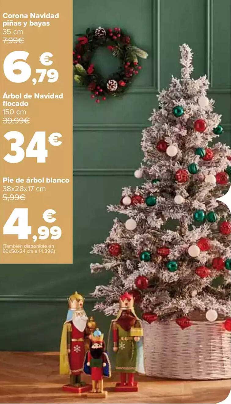 Corona Navidad piñas y bayas  
Árbol de Navidad flocado  
Pie de árbol blanco  