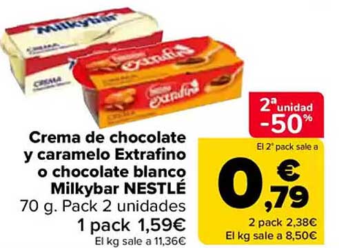 Crema de chocolate y caramelo Extrafino o chocolate blanco Milkybar NESTLÉ