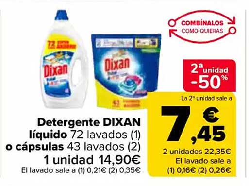 Detergente DIXAN líquido 72 lavados o cápsulas 43 lavados