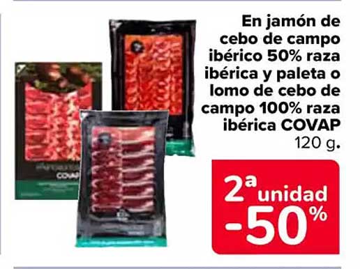 En jamón de cebo de campo ibérico 50% raza ibérica y paleta o lomo de cebo de campo 100% raza ibérica COVAP