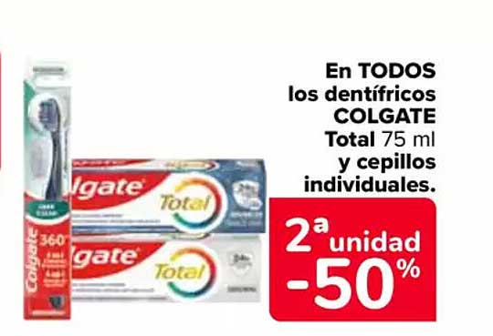 En TODOS los dentífricos COLGATE Total 75 ml y cepillos individuales.