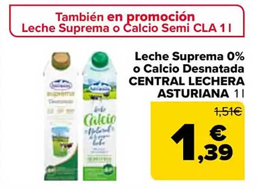 Leche Suprema 0% o Calcio Desnatada CENTRAL LECHE ASTURIANA 1 l