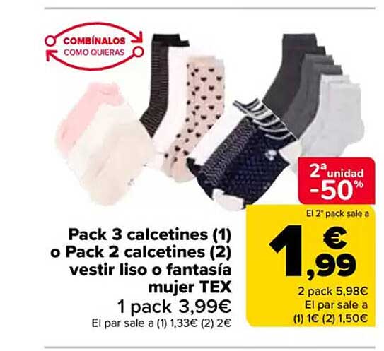 Pack 3 calcetines (1) o Pack 2 calcetines (2) vestir liso o fantasía mujer TEX