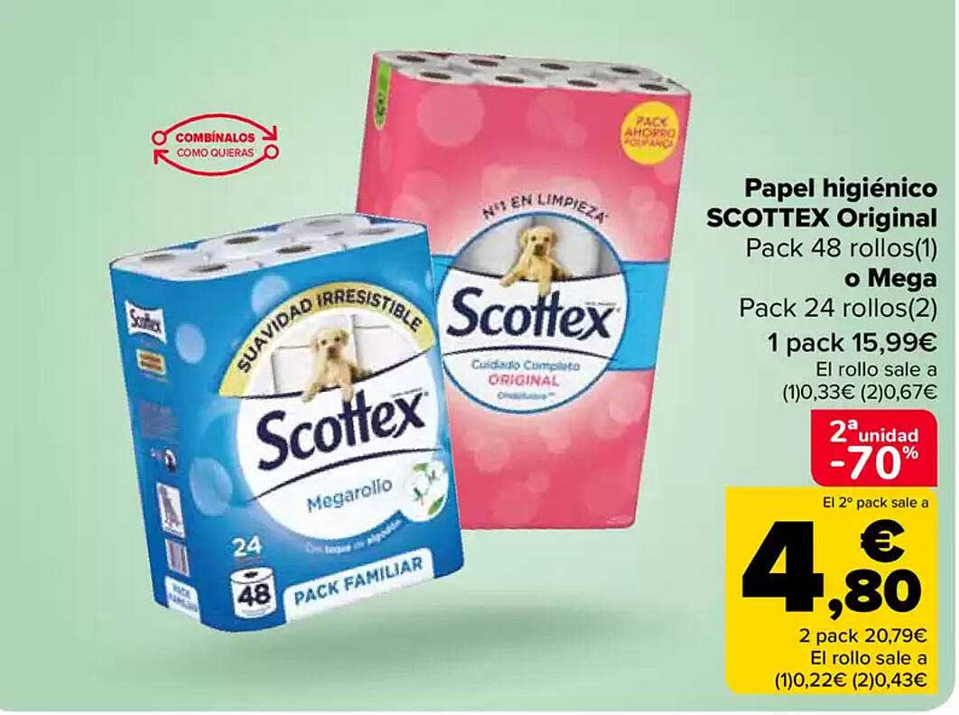 Papel higiénico SCOTTEX Original Pack 48 rollos(1) o Mega Pack 24 rollos(2)