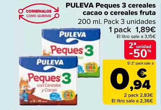 PULEVA Peques 3 cereales cacao o cereales fruta