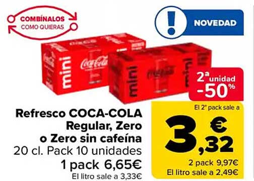 Refresco COCA-COLA Regular, Zero o Zero sin cafeína 20 cl. Pack 10 unidades