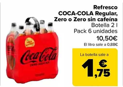 Refresco COCA-COLA Regular, Zero o Zero sin cafeína Botella 2 l Pack 6 unidades