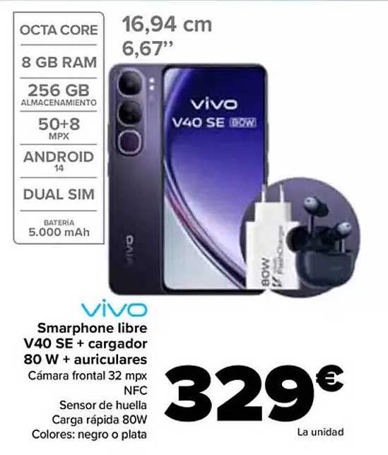 Smarthphone libre V40 SE + cargador 80 W + auriculares