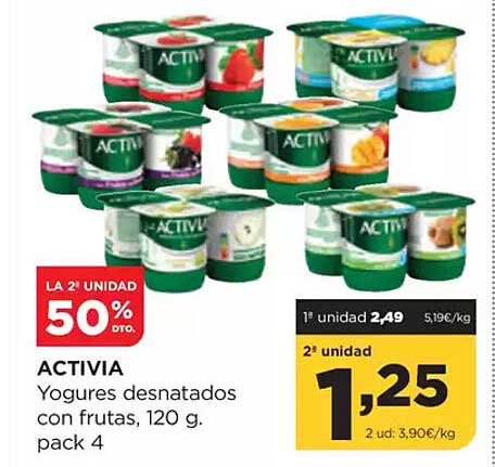 ACTIVIA Yogures desnatados con frutas, 120 g. pack 4