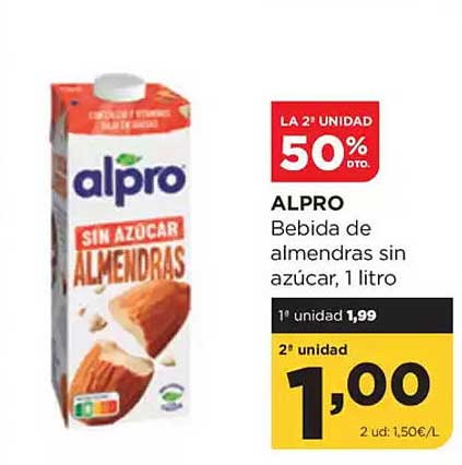 ALPRO Bebida de almendras sin azúcar, 1 litro