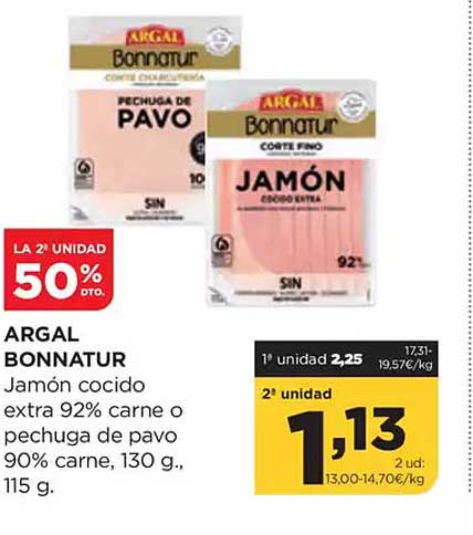 ARGAL BONNATUR Jamón cocido extra 92% carne o pechuga de pavo 90% carne