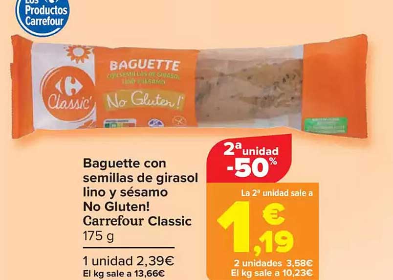 Baguette con semillas de girasol, lino y sésamo No Gluten! Carrefour Classic