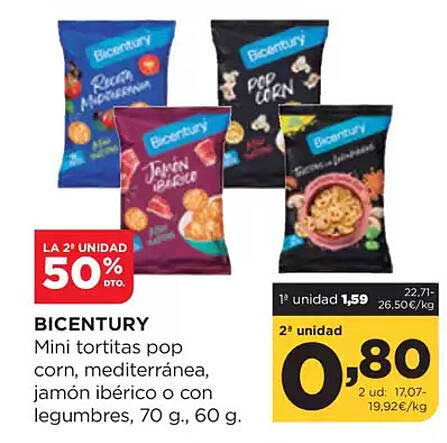 BICENTURY Mini tortitas pop corn, mediterránea, jamón ibérico o con legumbres