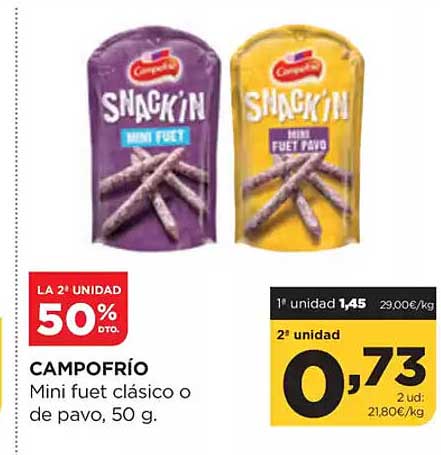 CAMPOFRÍO Snack'in Mini fuet clásico o de pavo, 50 g.