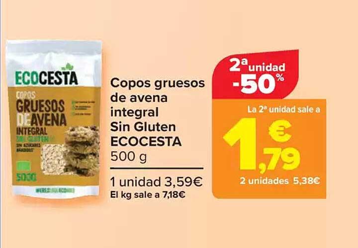 Copos gruesos de avena integral Sin Gluten ECOCESTA 500 g