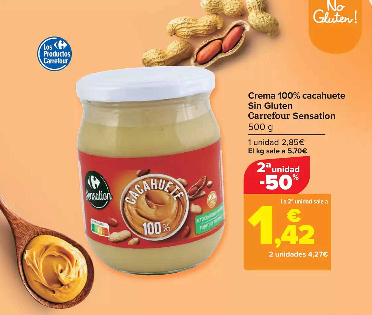 Crema 100% cacahuete Sin Gluten Carrefour Sensation