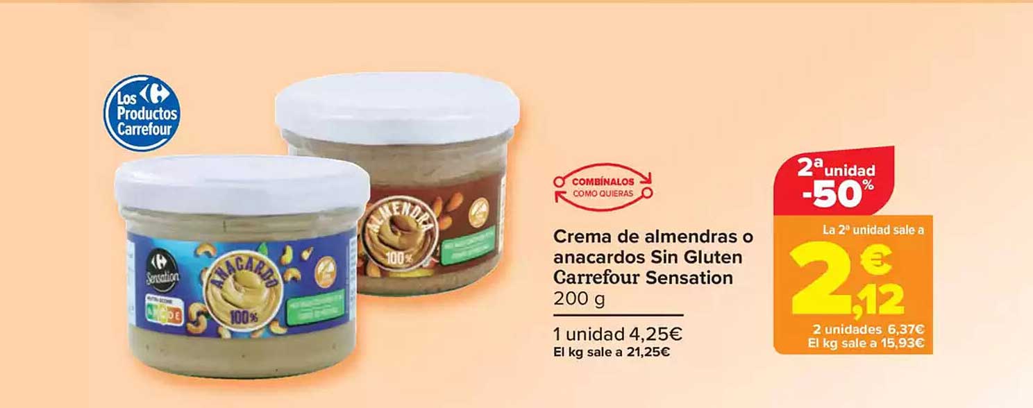 Crema de almendras o anacardos Sin Gluten Carrefour Sensation