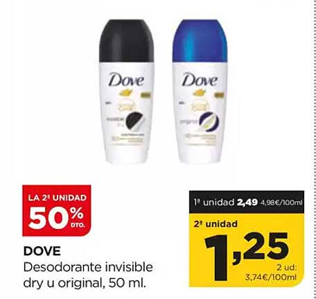 DOVE Desodorante invisible dry u original, 50 ml.