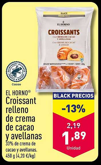 EL HORNO® Croissant relleno de crema de cacao y avellanas