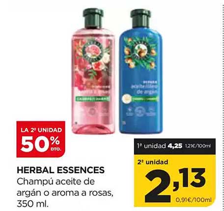 HERBAL ESSENCES Champú aceite de argán o aroma a rosas, 350 ml.