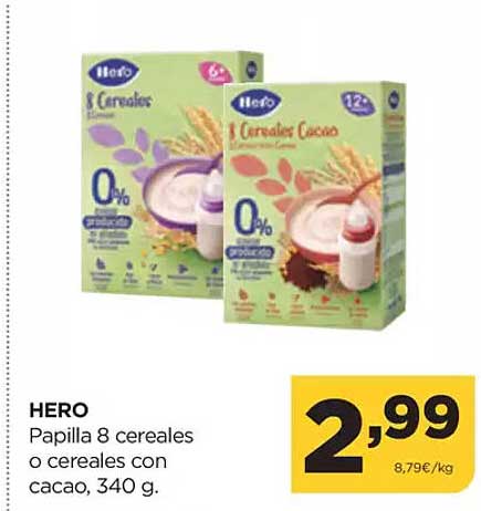 HERO Papilla 8 cereales o cereales con cacao