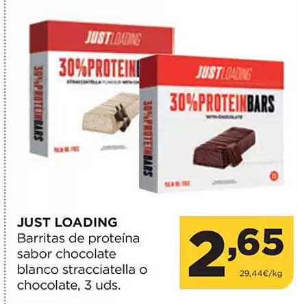 JUST LOADING  
Barritas de proteína sabor chocolate blanco stracciatella o chocolate, 3 uds.