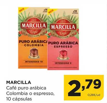 MARcILLA  
Café puro árabe Colombia o espresso, 10 cápsulas